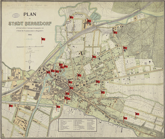 Karte von Bergedorf 1904, im Blog mit anklickbaren Fähnchen