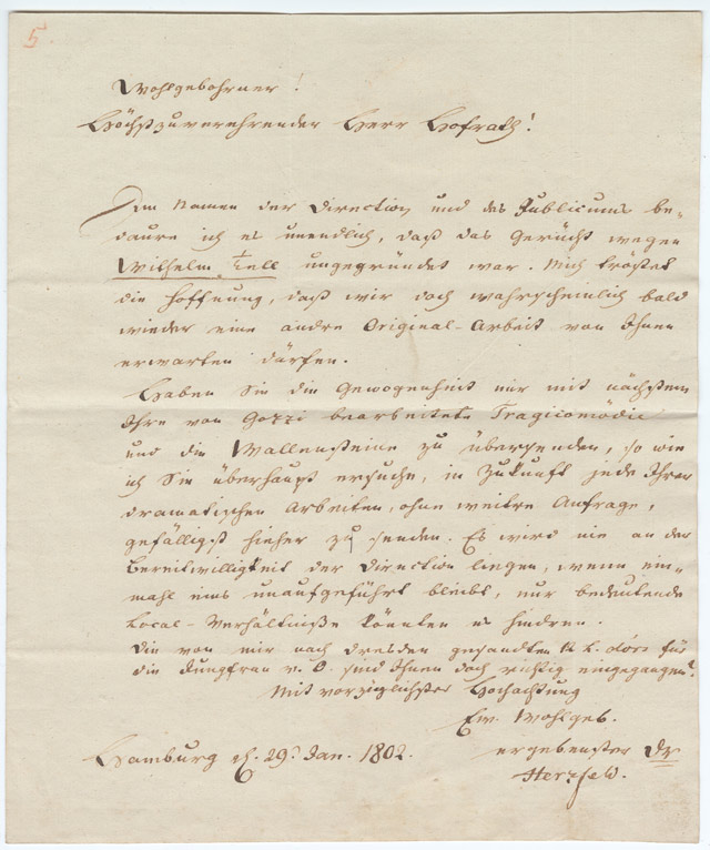 Brief Jacob Herzfelds an Friedrich Schiller vom 19. Januar 1802