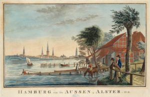 Diese Abbildung zeigt „Hamburg im Blick. Kolorierte Aquatinta-Radierung von Friedrich Rosenberg um 1800 aus der Hamburgensien-Sammlung der Staats- und Universitätsbibliothek Hamburg Carl von Ossietzky.