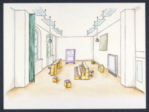 Skizze des Raums mit Blick in Richtung Workshopszenario. Es sind modulare Möbel zu sehen, die flexibel zu Tischen, Stühlen, Bänken etc. umgebaut werden können.
