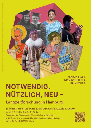 Plakat der Ausstellung 'Notwendig, nützlich, neu – Langzeitforschung in Hamburg'. Nina Tschunantschar © Sándor Szeverényi, alle weiteren © AdWHH / Jann Wilken, Indra Manuel, Ethio-SPaRe, 2025 Biblioteca Apostiolica Vaticana, Jageiellonian Library, Akademie der Künste, Berlin