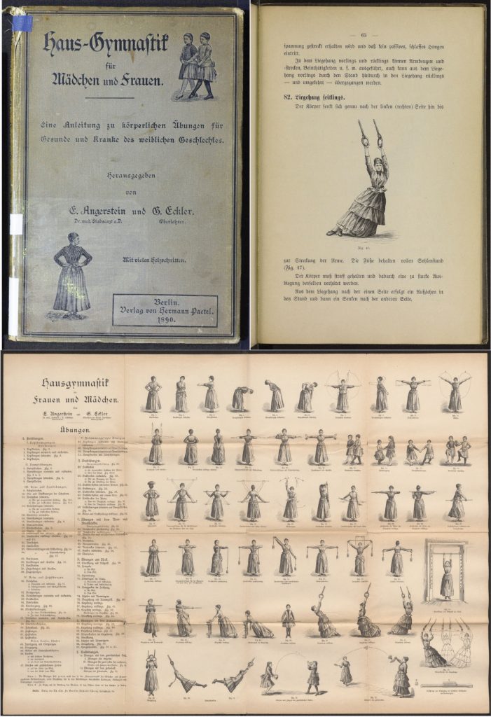 Das Bild zeigt eine Veröffentlichung aus dem Jahr 1890 mit dem Titel 'Haus-Gymnastik für Mädchen und Frauen'. Es enthält Illustrationen und Beschreibungen verschiedener für Frauen konzipierter körperlicher Übungen, begleitet von Anleitungen.